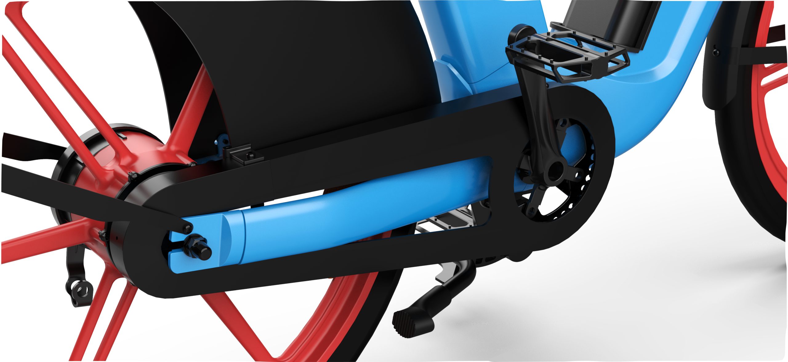 A closeup of the Dott e-bike, focussing specifically on the chain and back wheel.