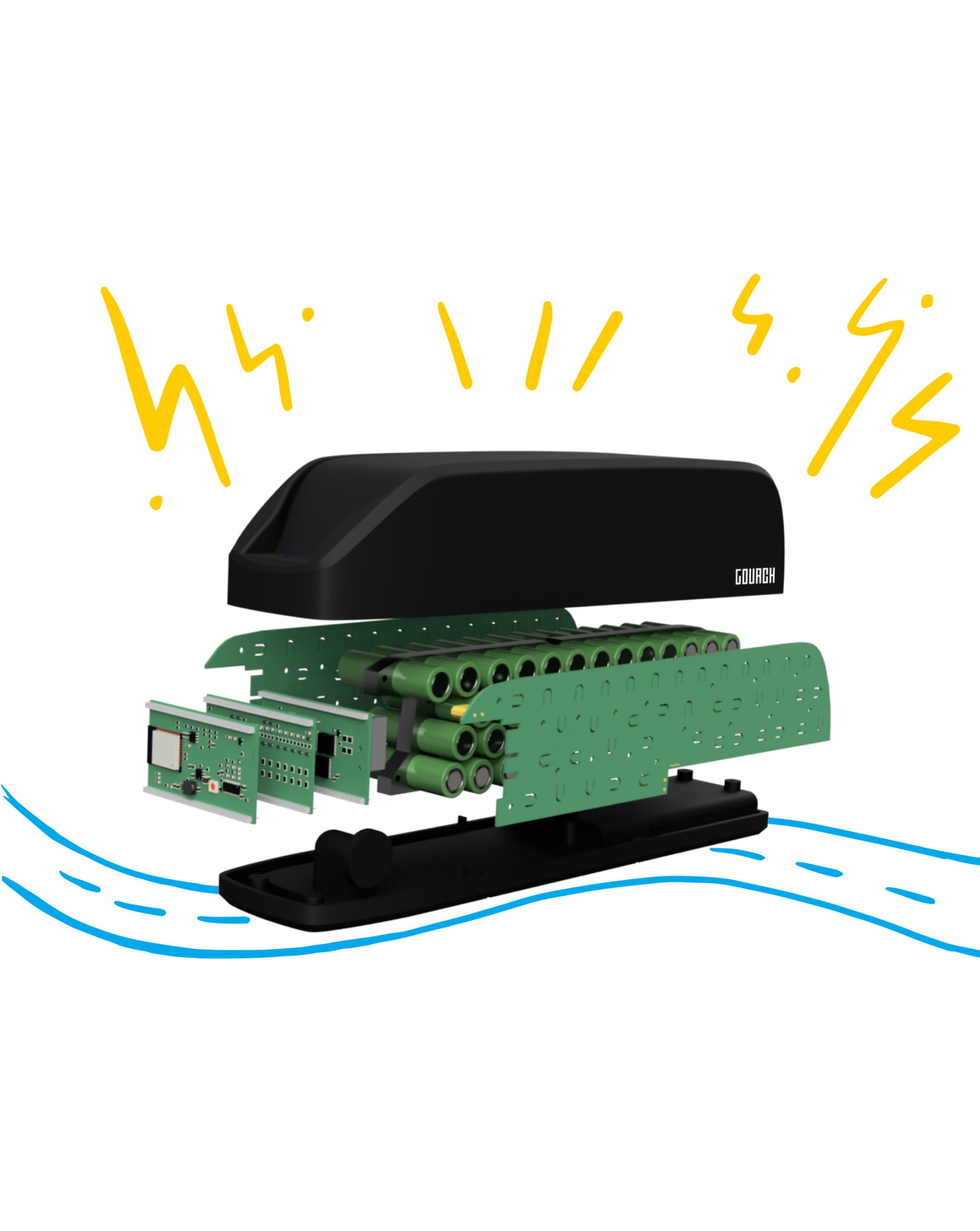 An image of Gouach’s modular e-vehicle battery, disassembled to show each section of the battery and decorated with illustrated lightning bolts.