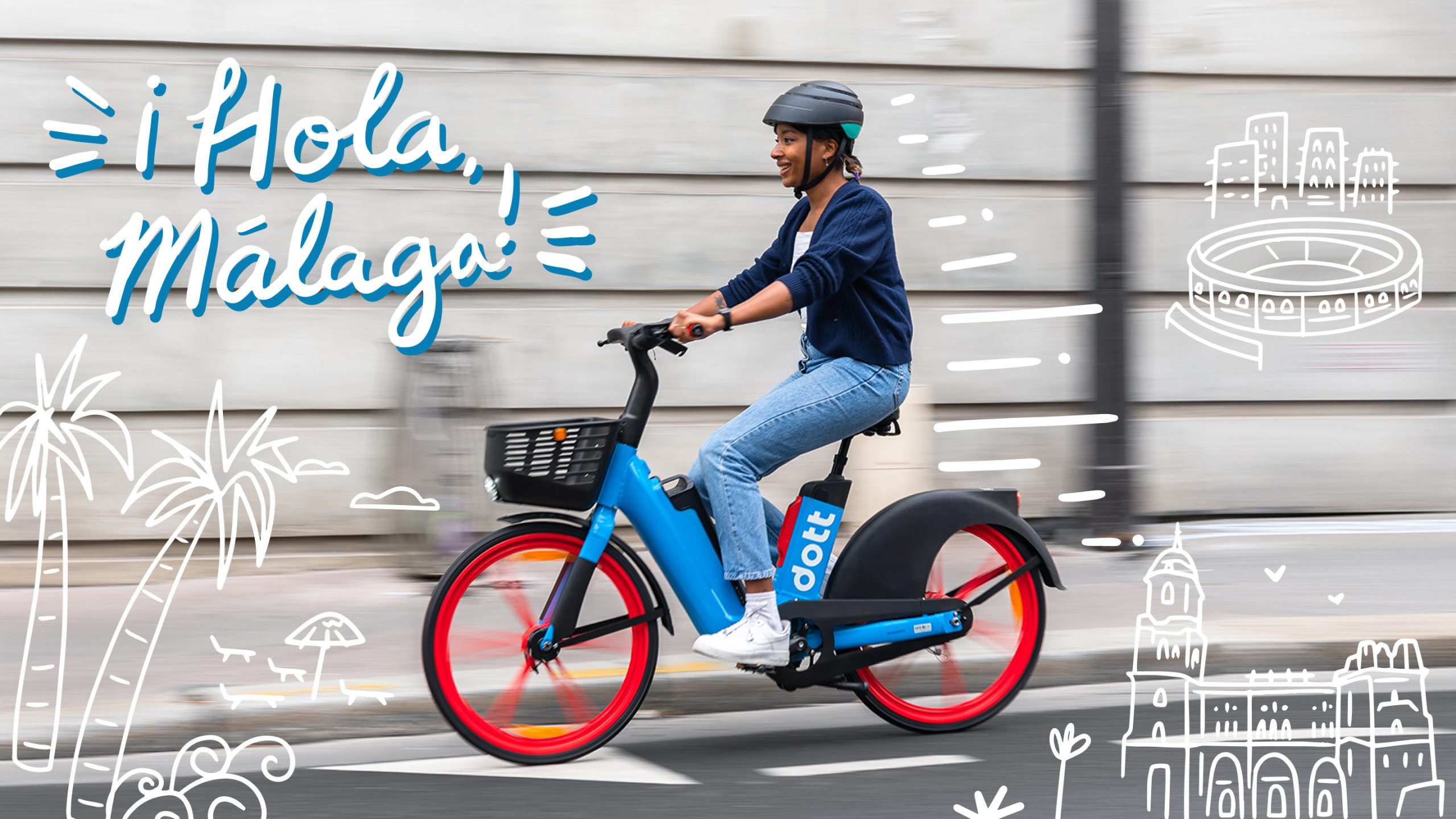 En la cabecera hay la imagen de una mujer circulando con una bici eléctrica Dott de color azul. El sol se refleja en la acera. El fondo está borroso para indicar que se está moviendo. En el fondo se puede ver la ilustración de una silueta urbana en color blanco.