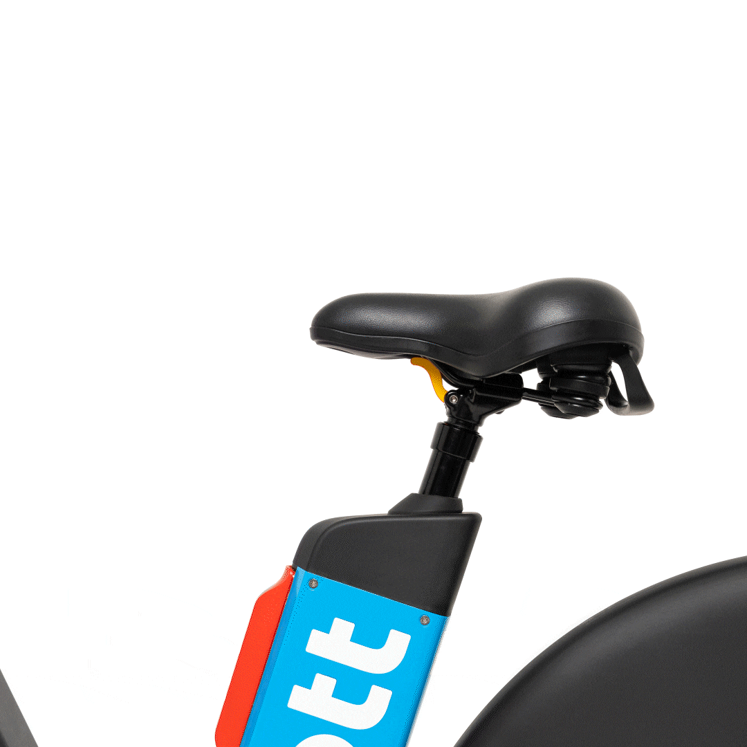 A GIF of a pair of hands lowering and raising a bike seat, with illustrated arrows moving upwards and downwards to show movement.