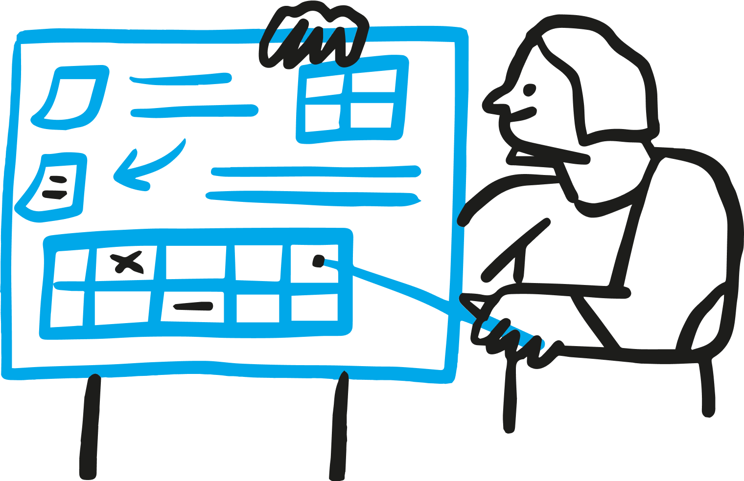 An illustration of a teacher pointing to a whiteboard filled with diagrams and tables.