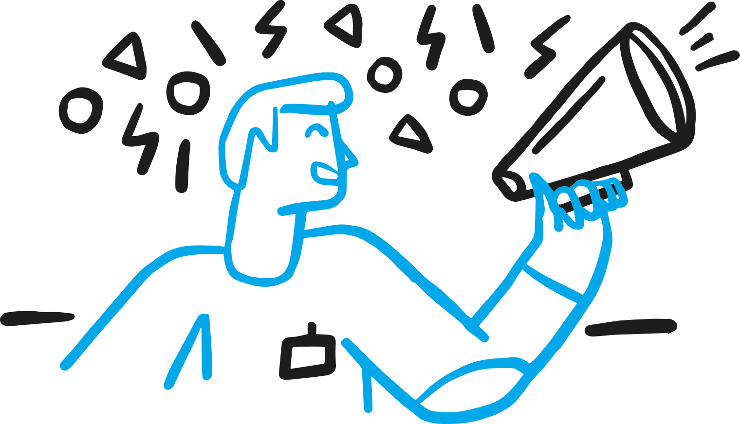 An illustration of a man speaking into a megaphone, surrounded by illustrated shapes and squiggles.